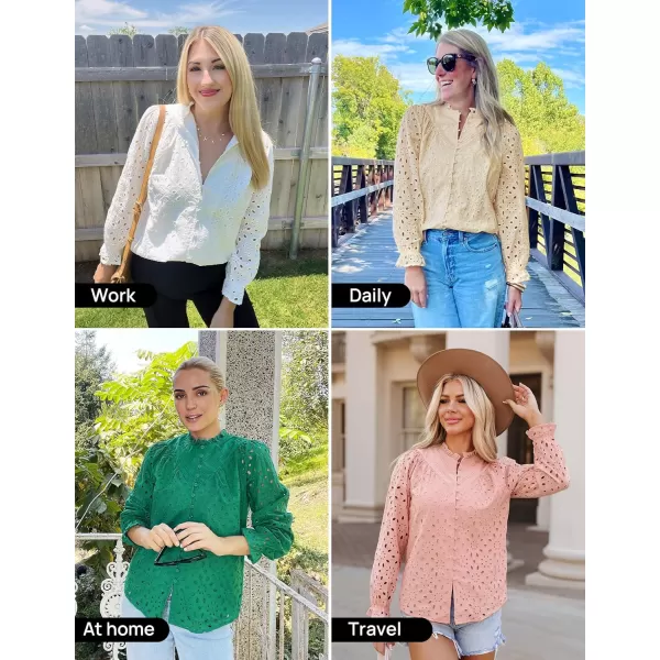 ZESICA Womens Casual Blouse Tops Puff Long Sleeve Button V Neck Hollow Out Eyelet Lace Embroidered 2024 Shirt DressyMint