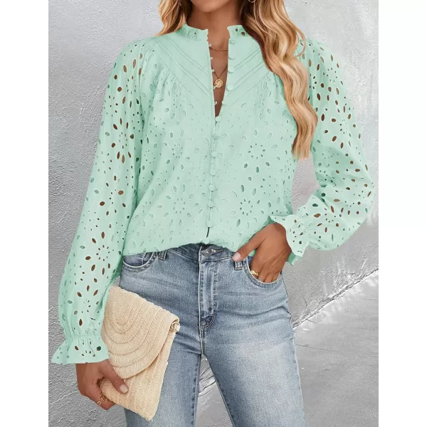 ZESICA Womens Casual Blouse Tops Puff Long Sleeve Button V Neck Hollow Out Eyelet Lace Embroidered 2024 Shirt DressyMint