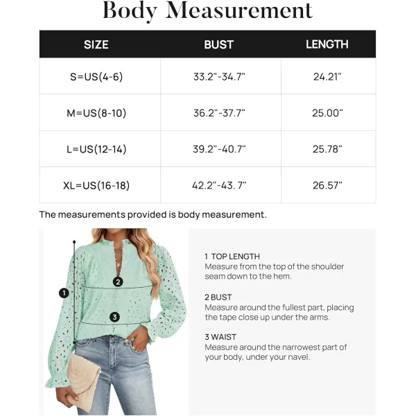 ZESICA Womens Casual Blouse Tops Puff Long Sleeve Button V Neck Hollow Out Eyelet Lace Embroidered 2024 Shirt DressyMint