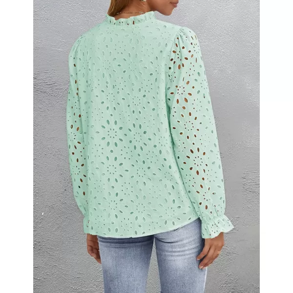 ZESICA Womens Casual Blouse Tops Puff Long Sleeve Button V Neck Hollow Out Eyelet Lace Embroidered 2024 Shirt DressyMint