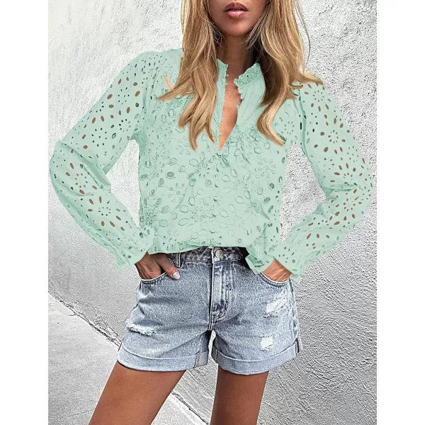 ZESICA Womens Casual Blouse Tops Puff Long Sleeve Button V Neck Hollow Out Eyelet Lace Embroidered 2024 Shirt DressyMint