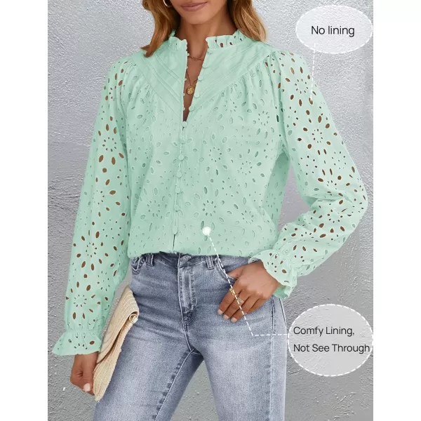 ZESICA Womens Casual Blouse Tops Puff Long Sleeve Button V Neck Hollow Out Eyelet Lace Embroidered 2024 Shirt DressyMint