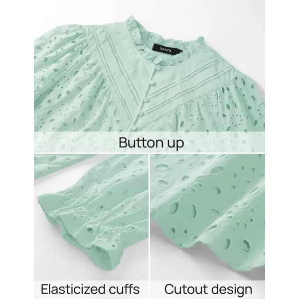 ZESICA Womens Casual Blouse Tops Puff Long Sleeve Button V Neck Hollow Out Eyelet Lace Embroidered 2024 Shirt DressyMint