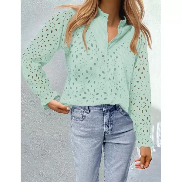 ZESICA Womens Casual Blouse Tops Puff Long Sleeve Button V Neck Hollow Out Eyelet Lace Embroidered 2024 Shirt DressyMint