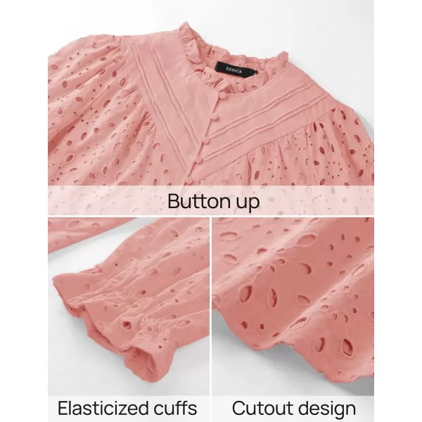 ZESICA Womens Casual Blouse Tops Puff Long Sleeve Button V Neck Hollow Out Eyelet Lace Embroidered 2024 Shirt DressyPink