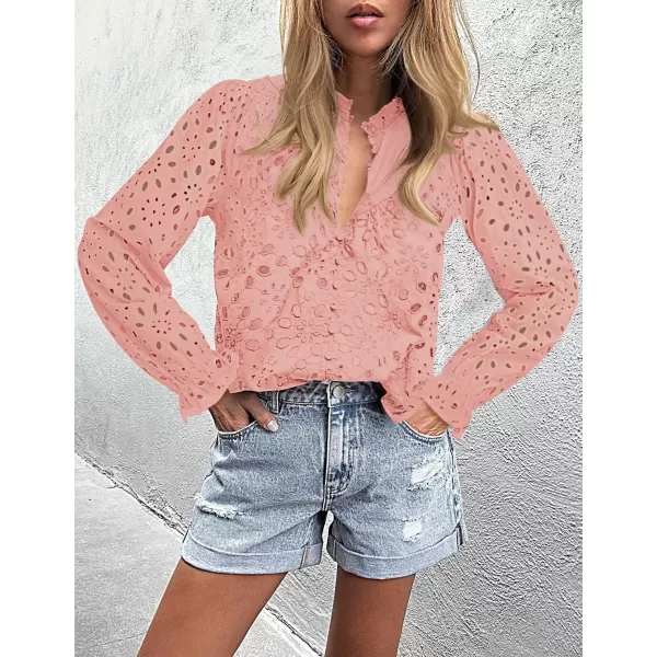 ZESICA Womens Casual Blouse Tops Puff Long Sleeve Button V Neck Hollow Out Eyelet Lace Embroidered 2024 Shirt DressyPink
