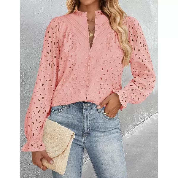 ZESICA Womens Casual Blouse Tops Puff Long Sleeve Button V Neck Hollow Out Eyelet Lace Embroidered 2024 Shirt DressyPink
