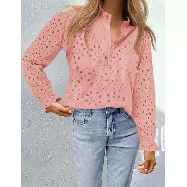 ZESICA Womens Casual Blouse Tops Puff Long Sleeve Button V Neck Hollow Out Eyelet Lace Embroidered 2024 Shirt DressyPink