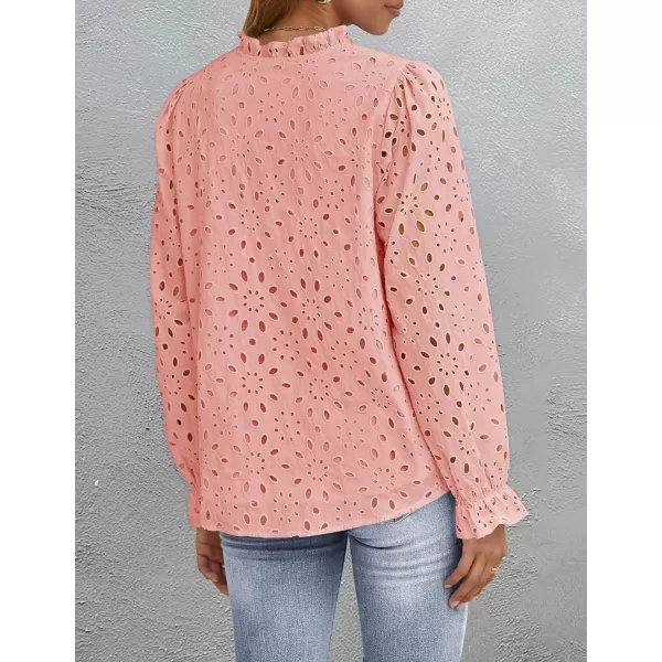 ZESICA Womens Casual Blouse Tops Puff Long Sleeve Button V Neck Hollow Out Eyelet Lace Embroidered 2024 Shirt DressyPink