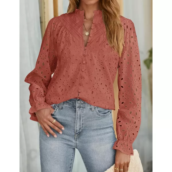 ZESICA Womens Casual Blouse Tops Puff Long Sleeve Button V Neck Hollow Out Eyelet Lace Embroidered 2024 Shirt DressyRed Brown