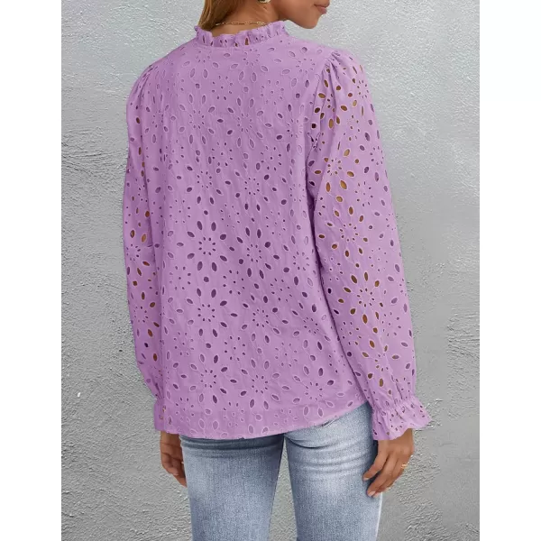 ZESICA Womens Casual Blouse Tops Puff Long Sleeve Button V Neck Hollow Out Eyelet Lace Embroidered 2024 Shirt DressyTaro
