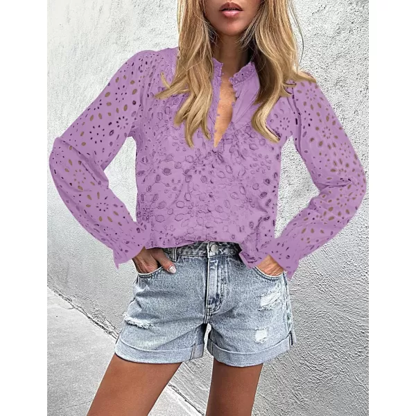 ZESICA Womens Casual Blouse Tops Puff Long Sleeve Button V Neck Hollow Out Eyelet Lace Embroidered 2024 Shirt DressyTaro