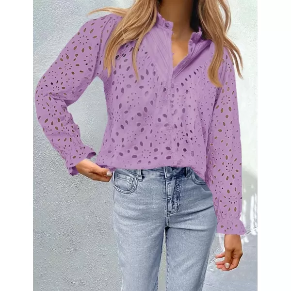 ZESICA Womens Casual Blouse Tops Puff Long Sleeve Button V Neck Hollow Out Eyelet Lace Embroidered 2024 Shirt DressyTaro