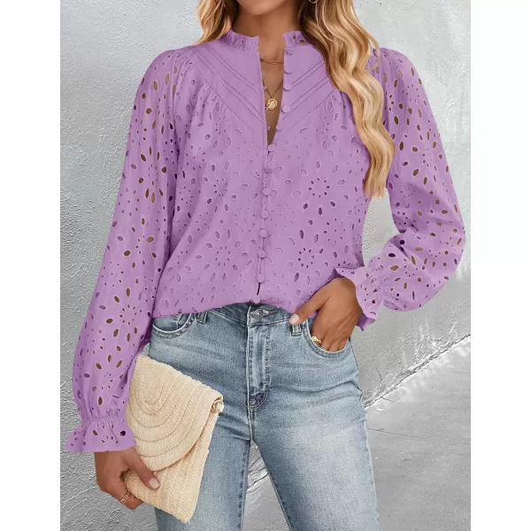 ZESICA Womens Casual Blouse Tops Puff Long Sleeve Button V Neck Hollow Out Eyelet Lace Embroidered 2024 Shirt DressyTaro
