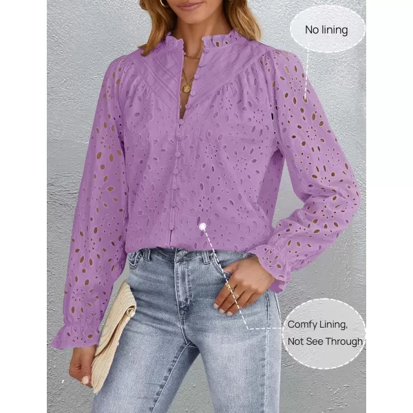 ZESICA Womens Casual Blouse Tops Puff Long Sleeve Button V Neck Hollow Out Eyelet Lace Embroidered 2024 Shirt DressyTaro