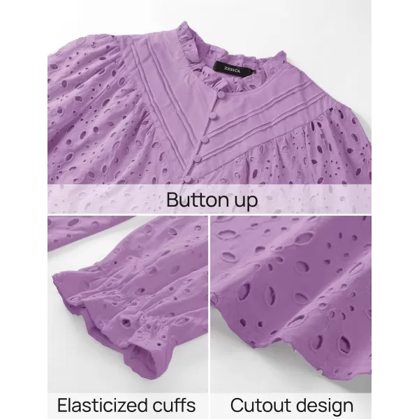 ZESICA Womens Casual Blouse Tops Puff Long Sleeve Button V Neck Hollow Out Eyelet Lace Embroidered 2024 Shirt DressyTaro