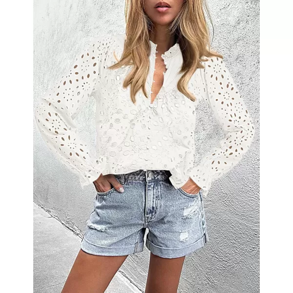 ZESICA Womens Casual Blouse Tops Puff Long Sleeve Button V Neck Hollow Out Eyelet Lace Embroidered 2024 Shirt DressyWhite