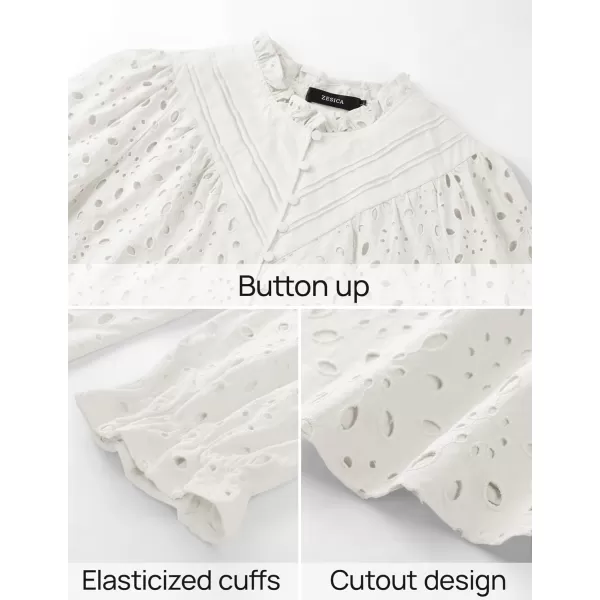 ZESICA Womens Casual Blouse Tops Puff Long Sleeve Button V Neck Hollow Out Eyelet Lace Embroidered 2024 Shirt DressyWhite