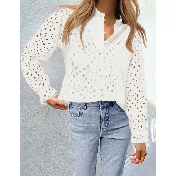 ZESICA Womens Casual Blouse Tops Puff Long Sleeve Button V Neck Hollow Out Eyelet Lace Embroidered 2024 Shirt DressyWhite