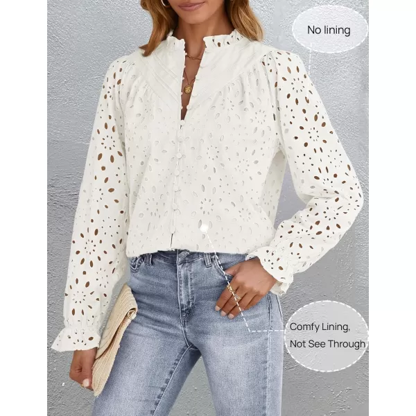 ZESICA Womens Casual Blouse Tops Puff Long Sleeve Button V Neck Hollow Out Eyelet Lace Embroidered 2024 Shirt DressyWhite
