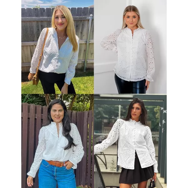 ZESICA Womens Casual Blouse Tops Puff Long Sleeve Button V Neck Hollow Out Eyelet Lace Embroidered 2024 Shirt DressyWhite