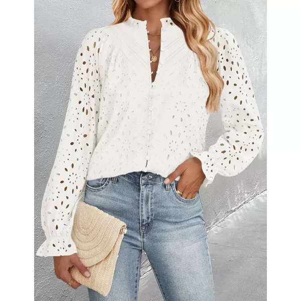 ZESICA Womens Casual Blouse Tops Puff Long Sleeve Button V Neck Hollow Out Eyelet Lace Embroidered 2024 Shirt DressyWhite