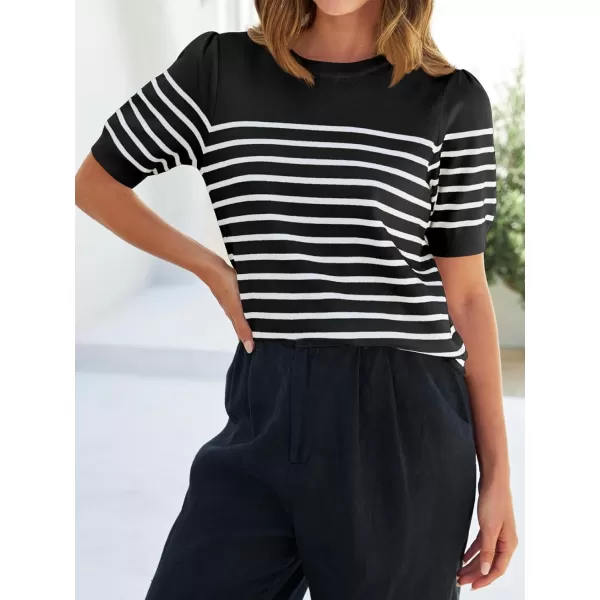 ZESICA Womens Casual Striped Tops Short Sleeve Crew Neck Ribbed Knit T Shirts Comfy Loose Basic Pullover SweaterBlack