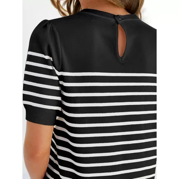 ZESICA Womens Casual Striped Tops Short Sleeve Crew Neck Ribbed Knit T Shirts Comfy Loose Basic Pullover SweaterBlack