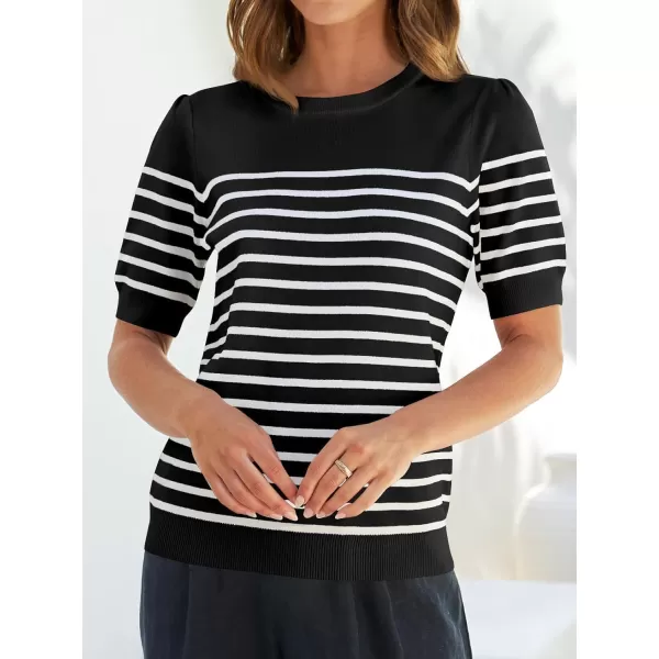 ZESICA Womens Casual Striped Tops Short Sleeve Crew Neck Ribbed Knit T Shirts Comfy Loose Basic Pullover SweaterBlack