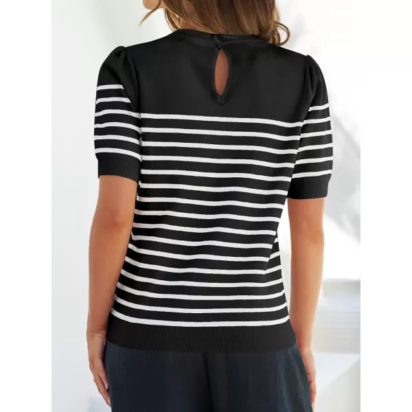 ZESICA Womens Casual Striped Tops Short Sleeve Crew Neck Ribbed Knit T Shirts Comfy Loose Basic Pullover SweaterBlack