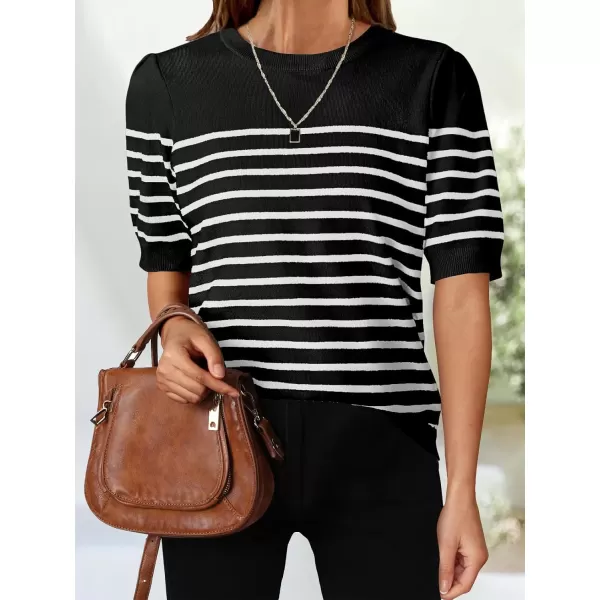 ZESICA Womens Casual Striped Tops Short Sleeve Crew Neck Ribbed Knit T Shirts Comfy Loose Basic Pullover SweaterBlack