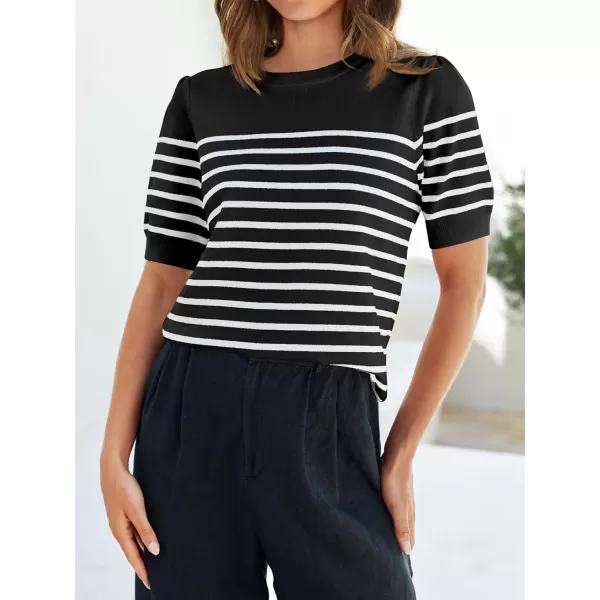 ZESICA Womens Casual Striped Tops Short Sleeve Crew Neck Ribbed Knit T Shirts Comfy Loose Basic Pullover SweaterBlack
