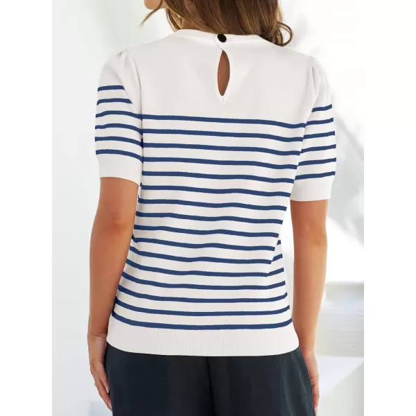 ZESICA Womens Casual Striped Tops Short Sleeve Crew Neck Ribbed Knit T Shirts Comfy Loose Basic Pullover SweaterBlue