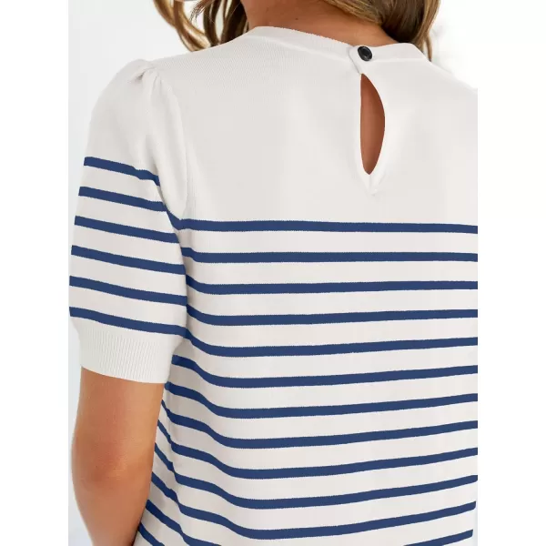 ZESICA Womens Casual Striped Tops Short Sleeve Crew Neck Ribbed Knit T Shirts Comfy Loose Basic Pullover SweaterBlue
