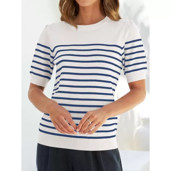 ZESICA Womens Casual Striped Tops Short Sleeve Crew Neck Ribbed Knit T Shirts Comfy Loose Basic Pullover SweaterBlue