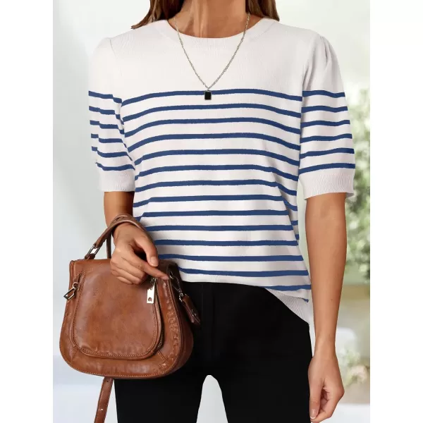 ZESICA Womens Casual Striped Tops Short Sleeve Crew Neck Ribbed Knit T Shirts Comfy Loose Basic Pullover SweaterBlue