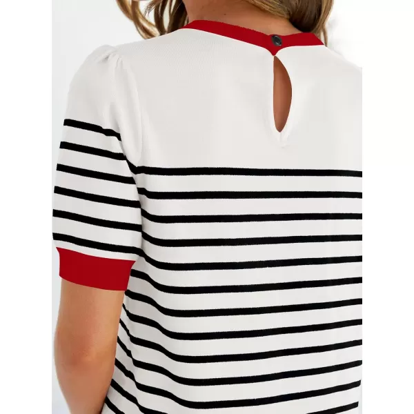 ZESICA Womens Casual Striped Tops Short Sleeve Crew Neck Ribbed Knit T Shirts Comfy Loose Basic Pullover SweaterCream