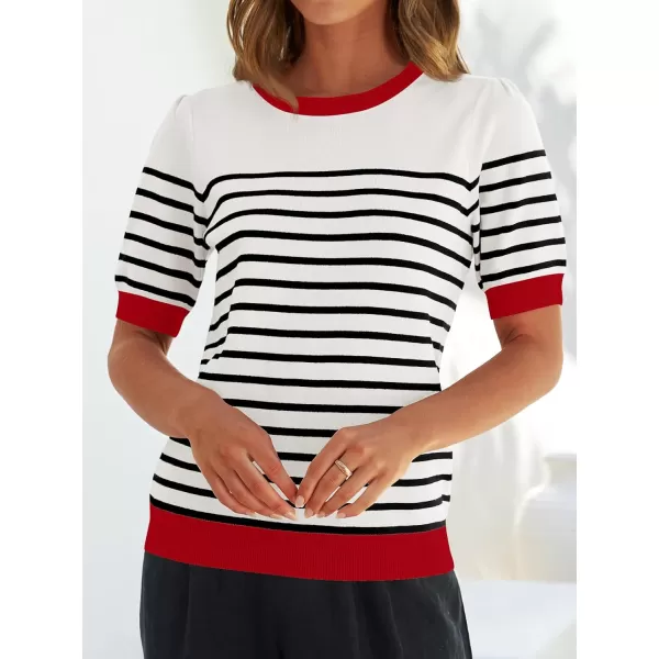 ZESICA Womens Casual Striped Tops Short Sleeve Crew Neck Ribbed Knit T Shirts Comfy Loose Basic Pullover SweaterCream
