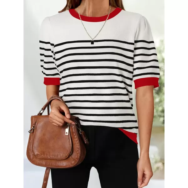 ZESICA Womens Casual Striped Tops Short Sleeve Crew Neck Ribbed Knit T Shirts Comfy Loose Basic Pullover SweaterCream
