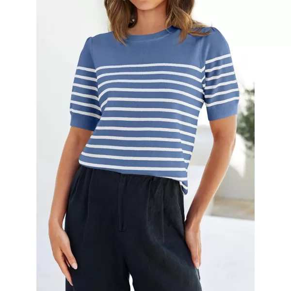 ZESICA Womens Casual Striped Tops Short Sleeve Crew Neck Ribbed Knit T Shirts Comfy Loose Basic Pullover SweaterDusty Blue