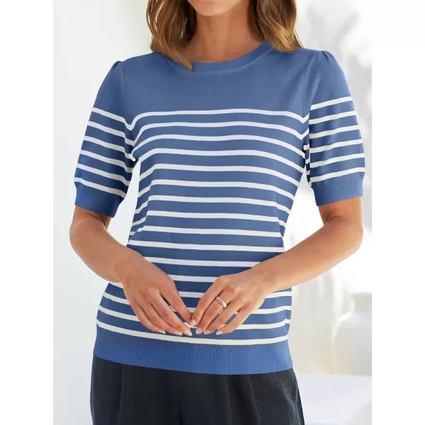 ZESICA Womens Casual Striped Tops Short Sleeve Crew Neck Ribbed Knit T Shirts Comfy Loose Basic Pullover SweaterDusty Blue