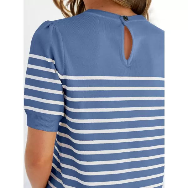 ZESICA Womens Casual Striped Tops Short Sleeve Crew Neck Ribbed Knit T Shirts Comfy Loose Basic Pullover SweaterDusty Blue