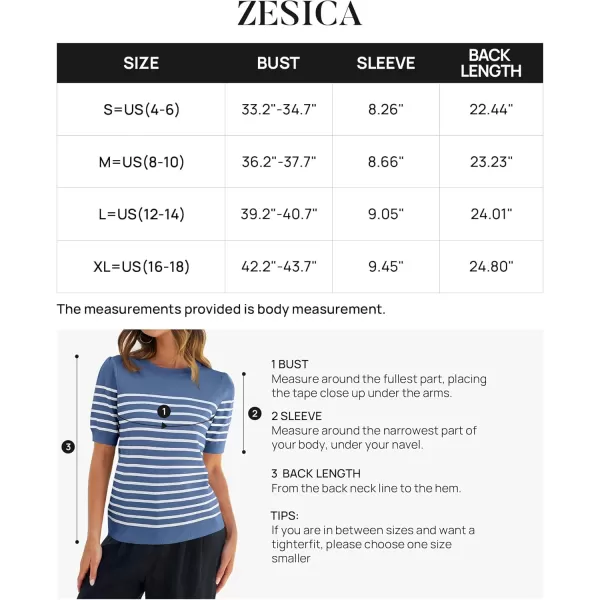 ZESICA Womens Casual Striped Tops Short Sleeve Crew Neck Ribbed Knit T Shirts Comfy Loose Basic Pullover SweaterDusty Blue
