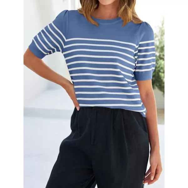 ZESICA Womens Casual Striped Tops Short Sleeve Crew Neck Ribbed Knit T Shirts Comfy Loose Basic Pullover SweaterDusty Blue