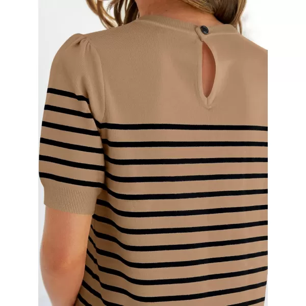 ZESICA Womens Casual Striped Tops Short Sleeve Crew Neck Ribbed Knit T Shirts Comfy Loose Basic Pullover SweaterKhaki