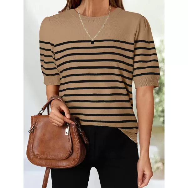 ZESICA Womens Casual Striped Tops Short Sleeve Crew Neck Ribbed Knit T Shirts Comfy Loose Basic Pullover SweaterKhaki