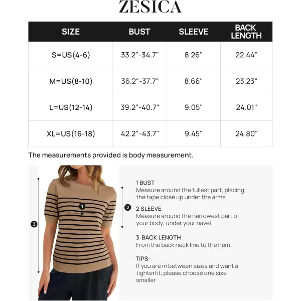 ZESICA Womens Casual Striped Tops Short Sleeve Crew Neck Ribbed Knit T Shirts Comfy Loose Basic Pullover SweaterKhaki