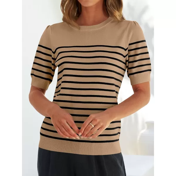 ZESICA Womens Casual Striped Tops Short Sleeve Crew Neck Ribbed Knit T Shirts Comfy Loose Basic Pullover SweaterKhaki