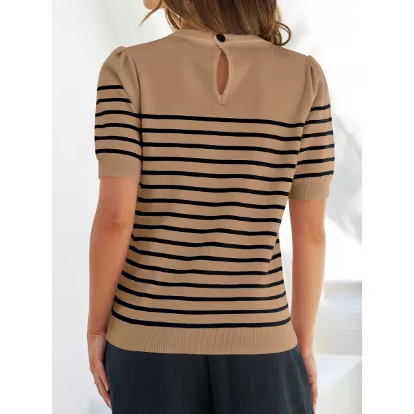 ZESICA Womens Casual Striped Tops Short Sleeve Crew Neck Ribbed Knit T Shirts Comfy Loose Basic Pullover SweaterKhaki