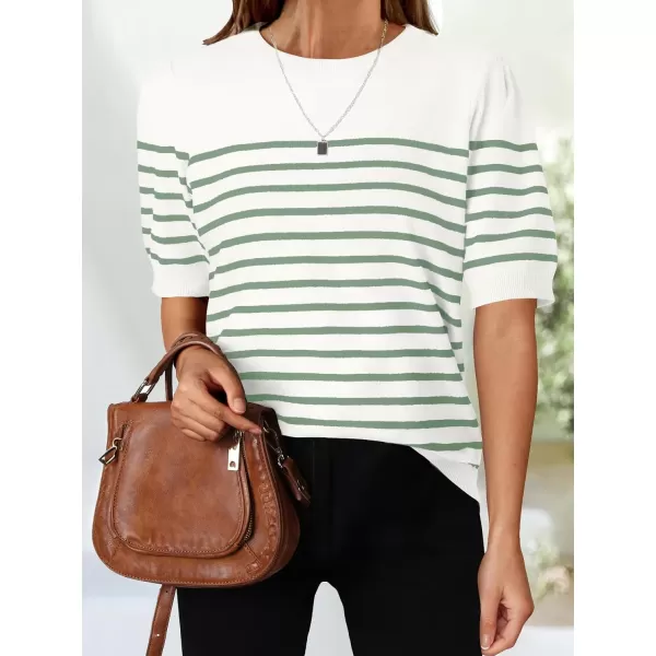 ZESICA Womens Casual Striped Tops Short Sleeve Crew Neck Ribbed Knit T Shirts Comfy Loose Basic Pullover SweaterLight Green